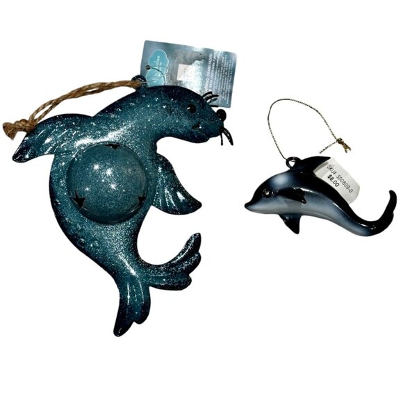 Lot Snowflakes Seashells Sea Lion + Dolphin Metal Christmas Tree Ornaments NEW - Picture 1 of 7